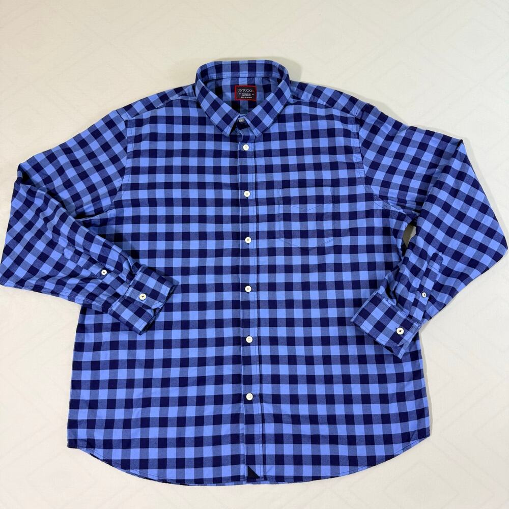 UNTUCKit Button Down Shirt Mens 2XL Blue Gingham Check Long Sleeve Casual Top